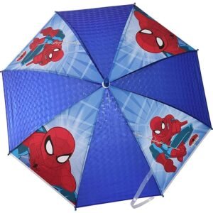 Close-up of Spider-Man’s 3D face on a kid's umbrella, showcasing detailed character features.