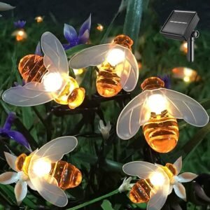 Waterproof solar string lights with honey bee designs for outdoor garden decorations.