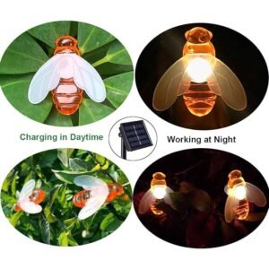 Solar string lights with warm white LED honey bee shapes, perfect for outdoor garden decoration.