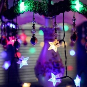 "Multicolor LED star lights decorating an outdoor garden"