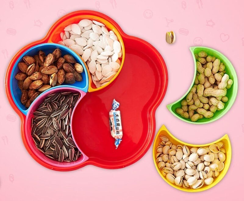 "Multi-Sectional Snack Serving Tray with Lid and compartments for candy and