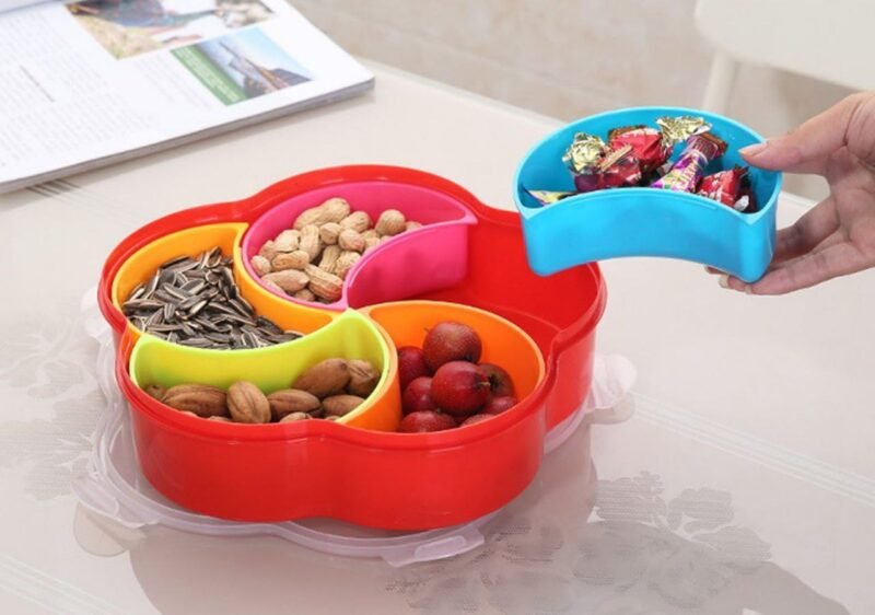 Round food storage organizer with divided sections"