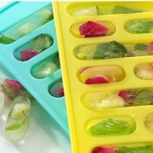 Flexible ice cube tray with Kit Kat-shaped ice cubes for easy release.