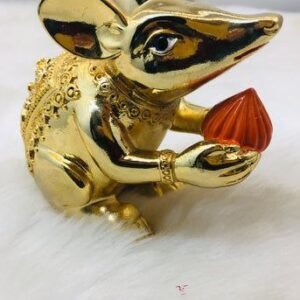 Front view of a gold finish Ganpati mouse idol for Ganesh Chaturthi decoration