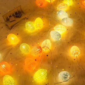 Battery-operated Easter egg string lights in a living room"