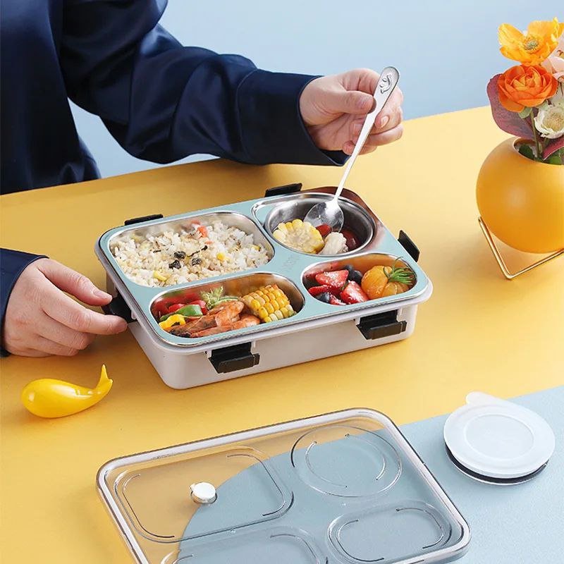 “Lunch Box with Food Compartments” "Stainless Steel Lunch Box Open with Food Compartments Filled"