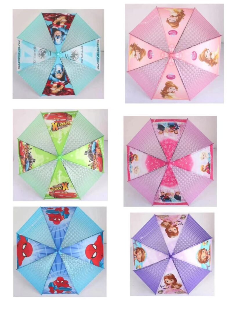 Young child holding an open Spider-Man umbrella with a 3D design, perfect for rainy days.