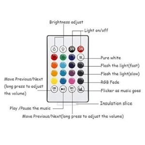 "Color-changing Bluetooth bulb with remote control and music playback."
