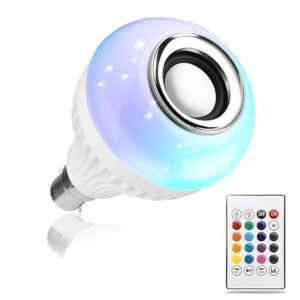 "LED Bluetooth speaker bulb in white, showing the remote and color-changing features."
