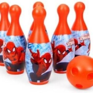 Children enjoying Spiderman bowling set in the backyard