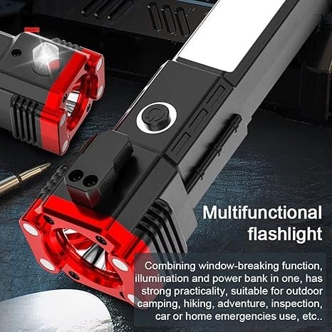 Portable Emergency Tool for Vehicles Compact car emergency tool with LED flashlight, window breaker, and seatbelt cutter.