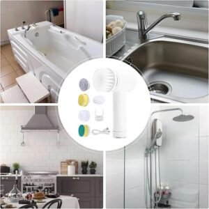 Close-up of 5 interchangeable brush heads for multifunctional cleaning tasks