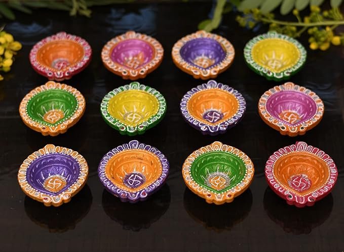 Colorful Diwali Diyas Set Colorful clay diyas set for festive decor and Diwali celebrations