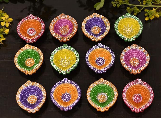 Hand-Painted Clay Diyas for Diwali Decoration Set of 4 colorful hand-painted clay diyas for Diwali decor