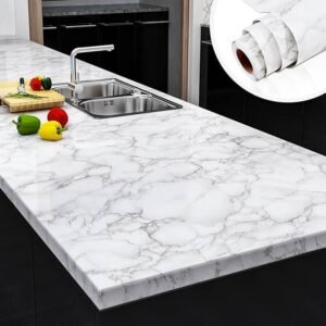 Self-adhesive waterproof oil-proof marble contact paper applied on kitchen countertop