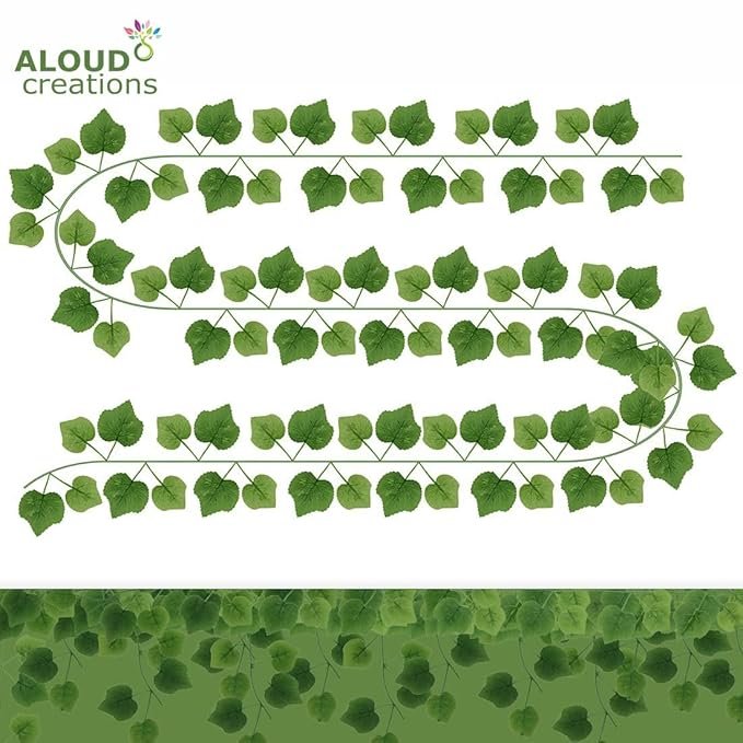 aloud-creations-12pc-artificial-green-leaf-vines-80-leaves-home-decor.webp Aloud Creations 12-piece artificial green leaf vine set with 80 realistic faux leaves for home, wall, balcony, and party decoration