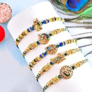 CraftVatika Rakhi Set of 5 Designer Rakhis for Brother with Card (Radha Krishna, Om, Ganesha)