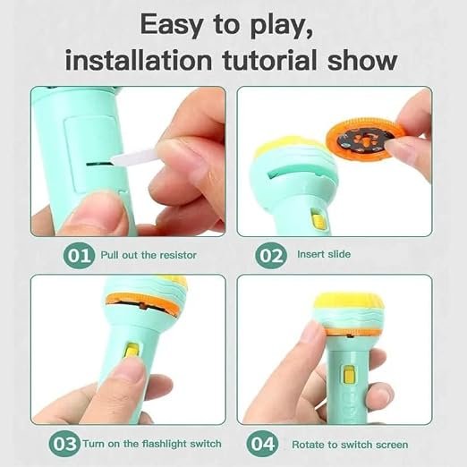 6 Slides 48 Patterns Mini Projector Torch Toy for Kids | Educational Projection Flashlight Night Light Learning Toy 6 Slides 48 Patterns Mini Projector Torch Toy with educational image projection, flashlight, and bedtime night light for kids.