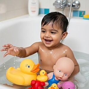 Baby Doll, Duck and Elephant 7-piece multicolour bath toy set for babies aged 12 months and above, safe and fun water play toys.
