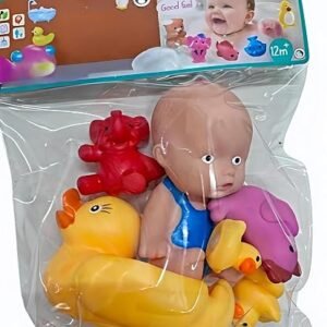 Baby Doll, Duck and Elephant 7-piece multicolour bath toy set for babies aged 12 months and above, safe and fun water play toys.