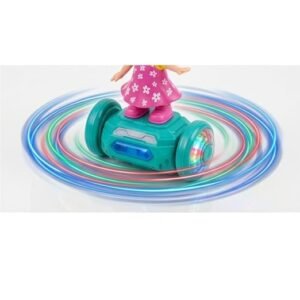 Fashion girl dancing doll with colorful 5D LED lights, music, and 360° rotating action, interactive toy for girls.