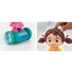 Fashion girl dancing doll with colorful 5D LED lights, music, and 360° rotating action, interactive toy for girls.