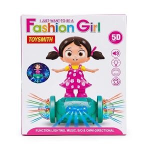 Fashion girl dancing doll with colorful 5D LED lights, music, and 360° rotating action, interactive toy for girls.