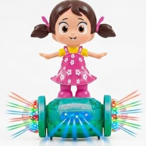 Fashion girl dancing doll with colorful 5D LED lights, music, and 360° rotating action, interactive toy for girls.