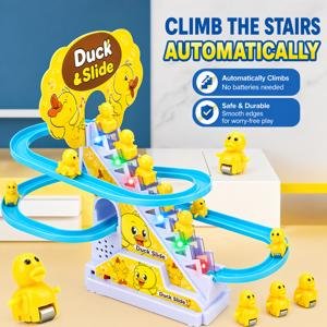 Duck Slide Toy Set, Funny Automatic Stair-Climbing Ducklings Cartoon Race Track Set Duck Roller Coaster Escalator Toy with Flashing Lights & Music (Duck Slide Track Set)