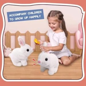 Interactive hopping bunny rabbit toy with sound, wiggling ears, twitching mouth and nose for babies, toddlers and preschool kids.