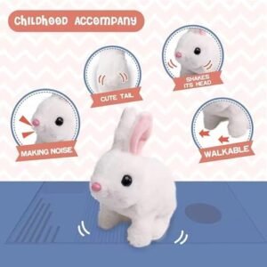 Interactive hopping bunny rabbit toy with sound, wiggling ears, twitching mouth and nose for babies, toddlers and preschool kids.