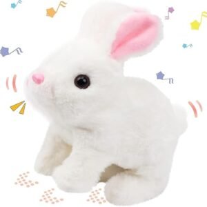Interactive hopping bunny rabbit toy with sound, wiggling ears, twitching mouth and nose for babies, toddlers and preschool kids.