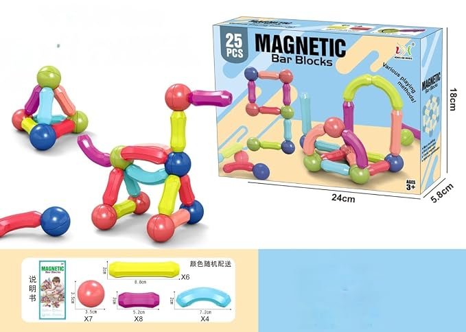 Magnetic Bar Blocks, 25 Piece Building Set Ages 3+ Magnetic Bar Blocks 25-piece colorful STEM building set for kids ages 3+, educational magnetic construction toy for creative learning.