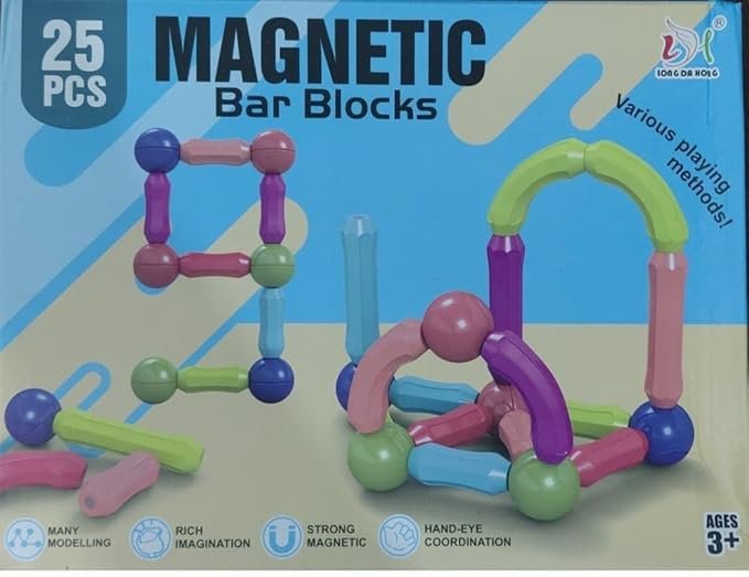 Magnetic Bar Blocks, 25 Piece Building Set Ages 3+ Magnetic Bar Blocks 25-piece colorful STEM building set for kids ages 3+, educational magnetic construction toy for creative learning.