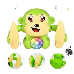 Dancing Monkey Musical Toy for Kids Baby Spinning Rolling Doll Tumble Toy with Voice Control Musical Light with Sensor - ISI Mark - Made in India-Green