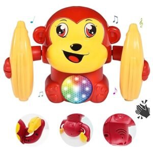 Dancing Monkey Musical Toy for Kids Baby Spinning Rolling Doll Tumble Toy with Voice Control and Sound Effects with Sensor - ISI Mark - Made in India-Red