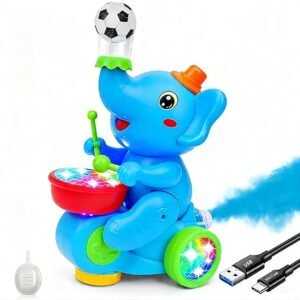 Musical & Dancing Elephant Toy with Smoke Effect, Colorful Lights, Bump & Go Action, Ball Blowing Fun Feature | Blue, Power Source : Rechargeable Battery (Included)