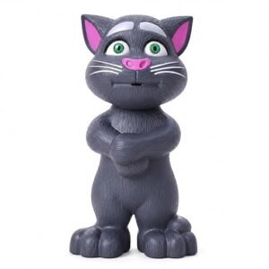 Grey interactive talking cat plush toy with voice mimic, touch functions, stories, songs, and musical features for toddlers and kids.
