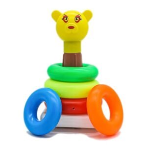 Rainbow stacking rings tower toy with cute bear topper, multicolour educational stacker for toddlers to develop fine motor skills and hand-eye coordination.