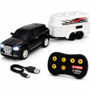 Prime Brands 200+ Feet 1:64 Scale RC Pickup Truck with Travel Trailer | 2.4GHz Remote Control Car | Rechargeable Metal Die-Cast Toy Vehicle | LED Lights | 3 Speed Modes | Type-C Charging (Black)