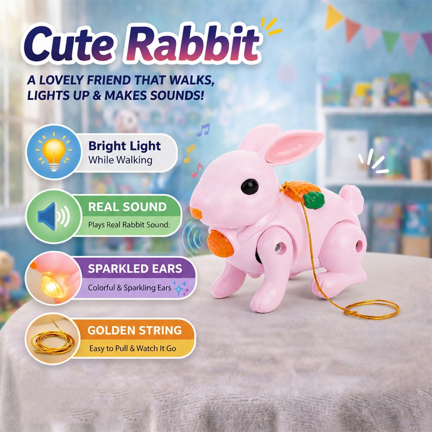 Crawling Rabbit Toy – Musical with Lights & Sounds for Kids – Pink (3)