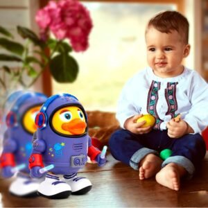 Dancing space duck toy with colorful astronaut-inspired design for kids