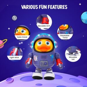 Dancing space duck toy with colorful astronaut-inspired design for kids