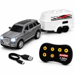 RC Pickup Truck with Travel Trailer | 2.4GHz Remote Control Car | Rechargeable Metal Die-Cast Toy Vehicle | LED Lights | 3 Speed Modes | Type-C Charging (Grey)