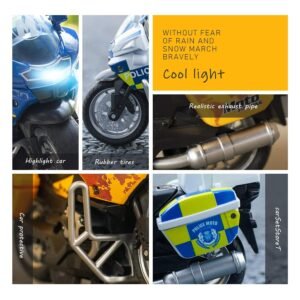 White police motorcycle pull back toy with sound and flashing lights, friction-powered toy bike for boys aged 3–9 years.