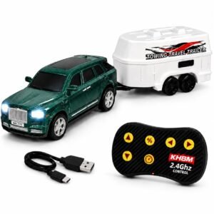 RC Pickup Truck with Travel Trailer | 2.4GHz Remote Control Car | Rechargeable Metal Die-Cast Toy Vehicle | LED Lights | 3 Speed Modes | Type-C Charging (Green)