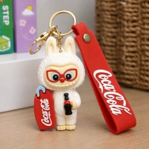 Cute White Bunny Keychain with Coca-Cola Style Strap & Bag Charm | Soft Rubber Mini Animal Figure Key Ring for Kids, Girls & Boys