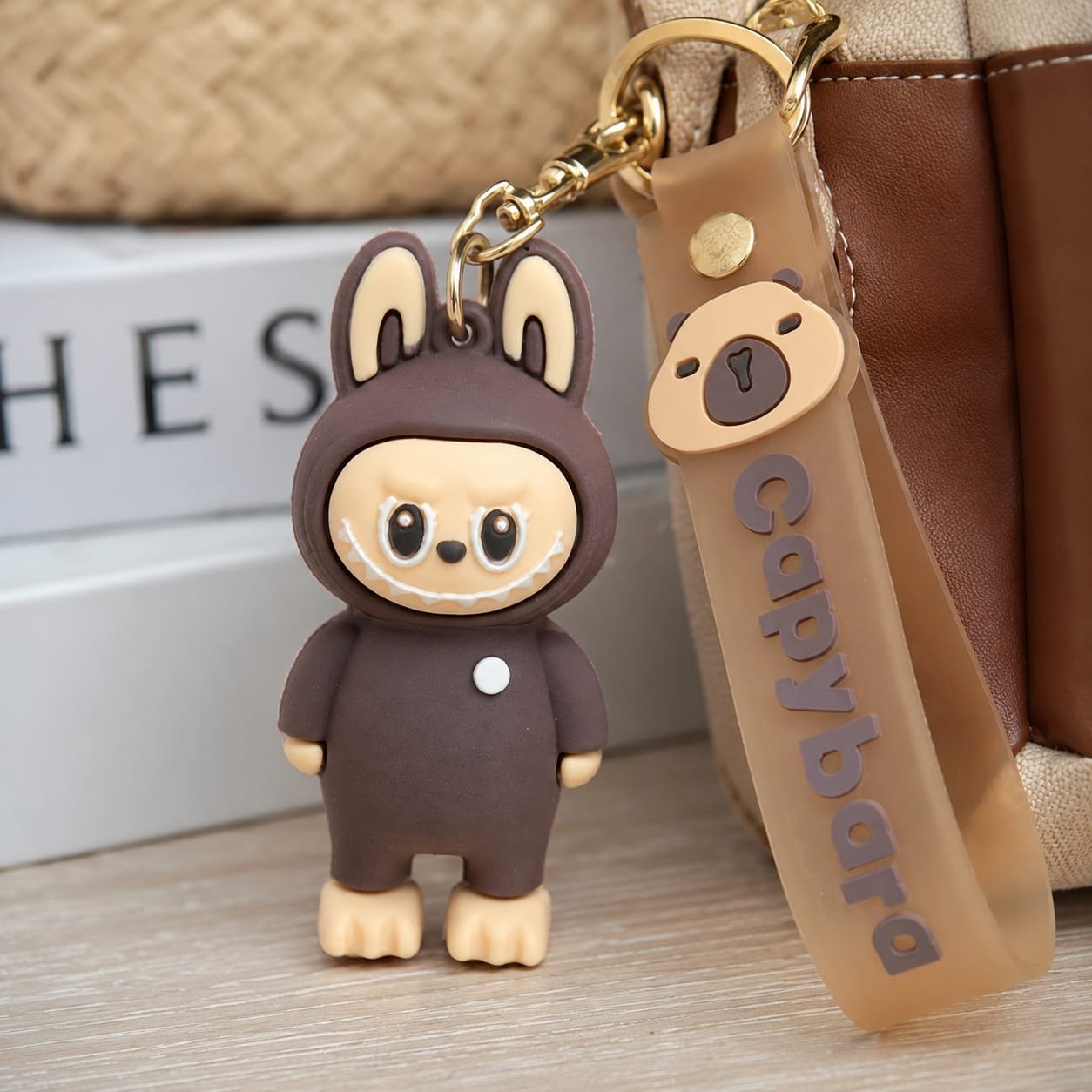 Cute Brown Bunny Keychain with Teddy Bear Strap & Bag Charm – Soft Rubber Mini Animal Figure Key Ring for Kids, Girls & Boys Cute brown bunny rubber keychain with teddy bear strap, mini animal bag charm and key ring for kids, girls, boys, backpacks and handbags.