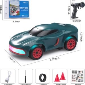 Mini RC Drift Car 4WD High-Speed Racing Toy | 2.4GHz Remote Control Car with LED Lights,Extra Drift Tires | Rechargeable Desktop Drift Car for Kids & Adults | Best Gift (Green)